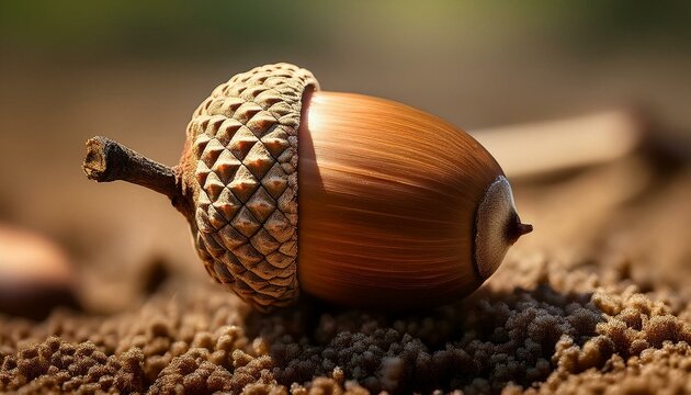 A close-up of an acorn resting on the ground, with the cap's texture sharply focused.