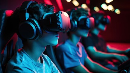 A group of teenagers engaged in a virtual gaming tournament with VR headsets, illustrating the immersive and competitive nature of gaming culture, Modern lifestyle scene