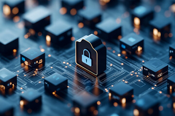 conceptual visualization of privacy compliance featuring lock symbol surrounded by digital blocks, representing data security and protection. This evokes sense of safety in digital realm