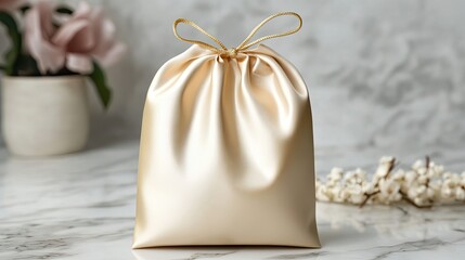 A single, empty, cream-colored satin drawstring bag with a gold cord on a white marble surface
