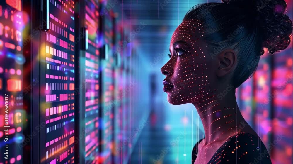 Poster A person stands in a futuristic setting surrounded by colorful digital displays, illustrating the blend of technology and human exploration in data management.