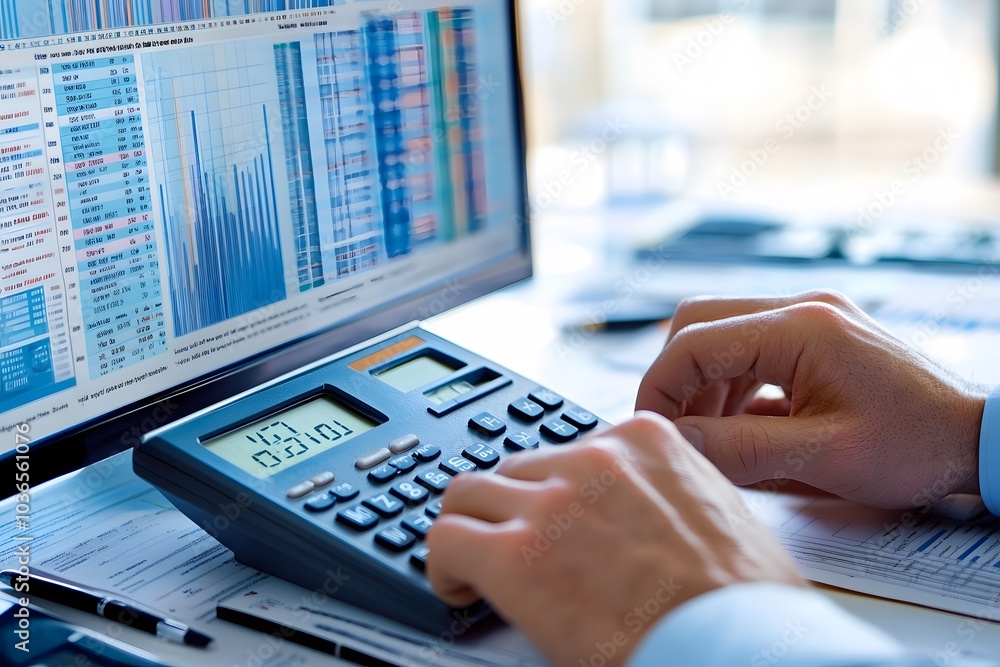 Aufkleber a person's hand using a calculator to analyze financial data on a computer screen