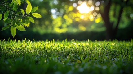 Obraz premium Sunlight filtering through trees illuminates fresh green grass in a serene park during the late afternoon