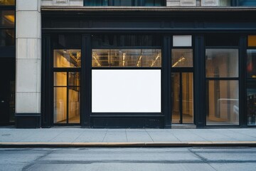 Empty storefront on a city street with blank signage in the early morning light