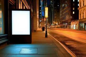 Fototapeta premium Empty billboard on a bustling city street at night with bright lights and moving traffic