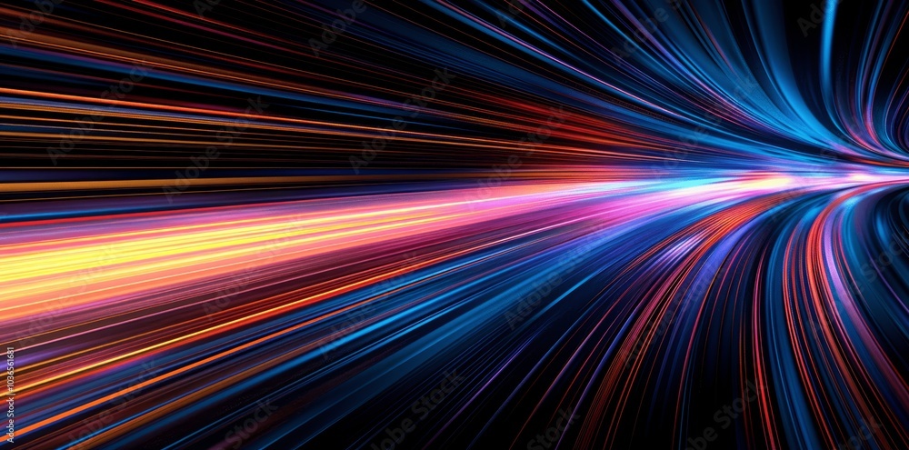 Poster dynamic light streaks of blue and orange in a dark background for digital communication and high-tec