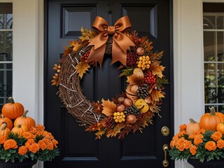 Festive front door decor with a chic thanksgiving wreath decorated with fall leaves and berries. AI generated.