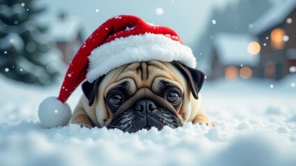 cute puppy pug wearing Santa hat lying in snow outdoor, soft blurred wintry background, falling snow, warm bokeh lights. Christmas, Santa pug, New Year, seasonal pet shelter, greeting card concept.