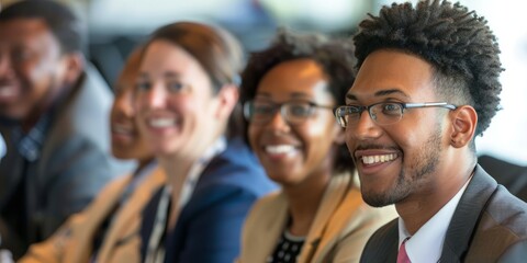 Obraz premium Diverse Group of Professionals Engaged in a Business Meeting, Smiling and Collaborating in a Modern Office Environment