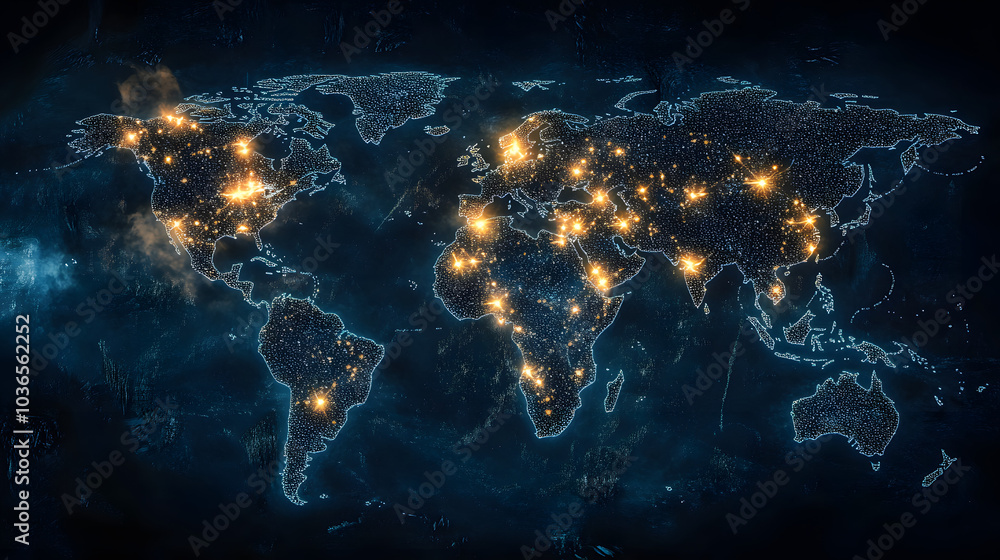 Poster a map of the world with many lights on it. the lights are scattered all over the map, some are close