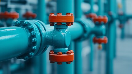 Close-up view of industrial valve on turquoise pipes in a factory setting.
