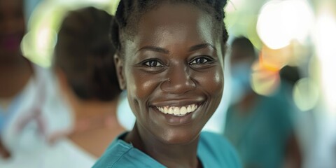 Close-up of a healthcare worker smiling compassionately, providing comfort and support to those in need.
