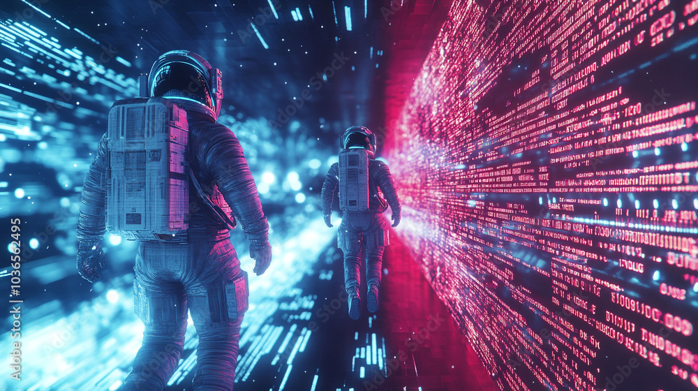 Poster two astronauts traverse a vibrant digital landscape filled with dynamic light and data streams, symb