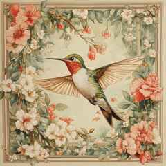 This beautiful vintage style design features a detailed hummingbird illustration in a floral garden scene.