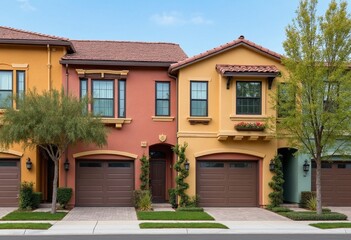 Fototapeta premium Colorful stucco finish traditional private townhouses. Residential architecture exterior
