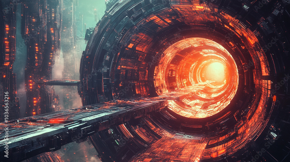 Poster futuristic sci-fi tunnel with glowing energy core, evoking a sense of science fiction and futuristic