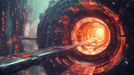 Futuristic Sci-Fi Tunnel With Glowing Energy Core, evoking a sense of science fiction and futuristic technology. Perfect for representing advanced engineering and imaginative exploration.