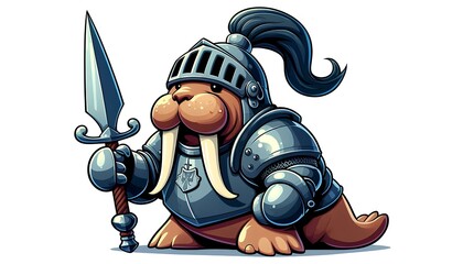 Cute Cartoon Knight Walrus on Plain Background