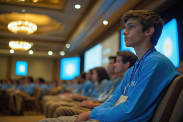 Group Of Students Listening Intently To A Speaker At A Conference, With A Modern Stage Setup In The Background, Reflecting Engagement And Interest In The Presentation