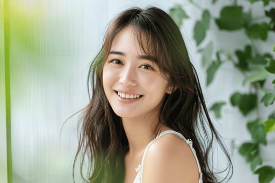 Japanese Woman Smiling Looking at Camera with Long Hair and Bright Smile in Soft Green Color Tone
