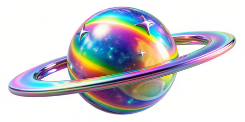 A colorful, shiny planet with a ring system sparkles with vibrant hues of the rainbow. Stars on its surface add a whimsical, cosmic feel. AI generated.