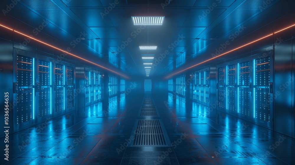 Poster high-tech data center with server racks and blue lighting in dark room, internet of things, digital 