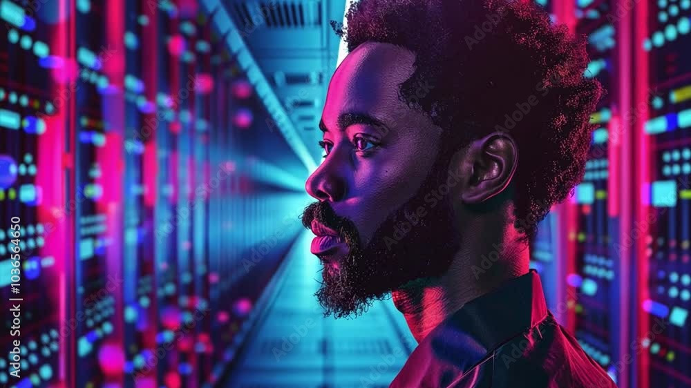 Fototapete a man with a well-groomed beard gazes thoughtfully in a brightly lit data center filled with rows of