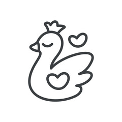 Cute princess swan icon. Hand drawn monochrome illustration of a swan with a crown isolated on a white background. Kawaii St. Valentine day concept. Vector 10 EPS.