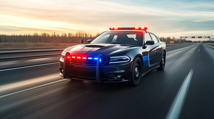 Fototapeta premium A police car with flashing lights speeding down a highway during sunset.