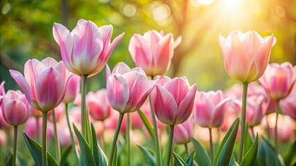 Obraz premium A symphony of delicate pink tulips bathed in the warm glow of the setting sun, their petals unfurling like a chorus of vibrant hues.