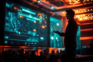 Silhouetted Speaker Presenting Data and Insights to Audience