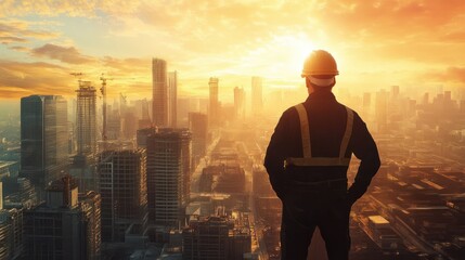 A man in a hard hat stands in front of a city skyline