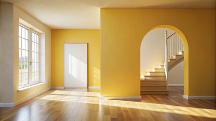 Obraz premium Sunlight Streaming Through a Window Illuminates a Spacious Room with Yellow Walls, a Wooden Floor, and an Arched Doorway Leading to a Staircase with White Railings.