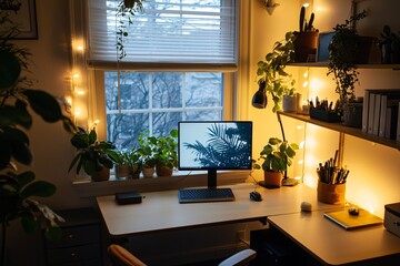 A welcoming workspace with a height-adjustable desk, ambient lighting, and lush greenery that inspires both productivity and creativity.