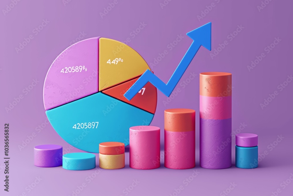 Poster 3d pie chart and graph with blue arrow showing positive trend stylish text isometric view 3d render 