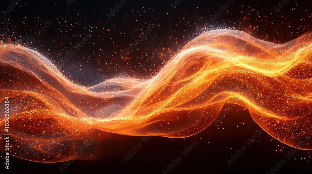 Poster dynamic orange and gold wave pattern with shimmering particles flowing against a dark background