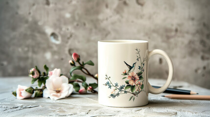 The mock up of blank white Mug, A hummingbird in graceful flight enjoys the sweet nectar of a pink wild rose wreath.