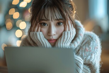 Distressed Japanese Woman Holding Laptop in Bright Room