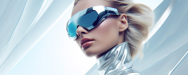 A futuristic woman wearing sleek metallic sunglasses