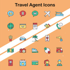 Travel agent icons showcasing travel booking planning and tourism services.
