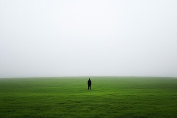 Solitary Figure in Foggy Landscape with Vast Green Field