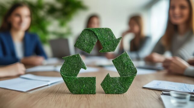 A team of professionals strategizing and conversing about a sustainability policy with the recycle reduce reuse symbol in a conference room. A progressive environmentally conscious organization