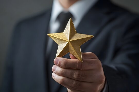 A businessman's hand holding a golden star award