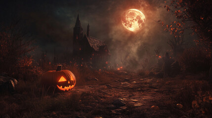 Fototapeta premium Halloween pumpkin in the woods with bloody moon