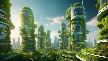 Futuristic cityscape with green buildings covered in plants, powered by renewable energy, symbolizing a sustainable and eco-friendly urban future.