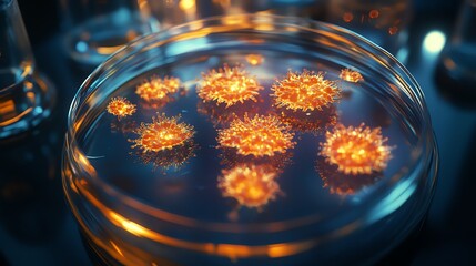 Close-up of lab-grown microorganisms inside a petri dish, vaccine study in progress, glowing under the microscope, highly realistic