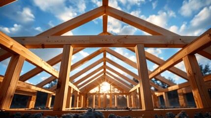 Fototapeta premium New Wooden Frame Structure of House Roof Construction in a Sunny Day