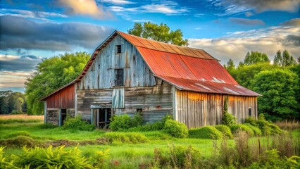 Fototapeta premium A weathered wooden barn with a rusted metal roof stands in a grassy field, surrounded by lush greenery and a vibrant blue sky with wispy clouds.