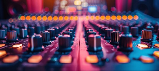 Close-up of colorful sound mixing console with faders and knobs in recording studio or concert hall