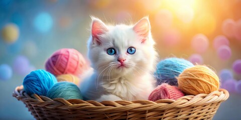 A white kitten with bright blue eyes sits in a wicker basket overflowing with colorful balls of yarn.